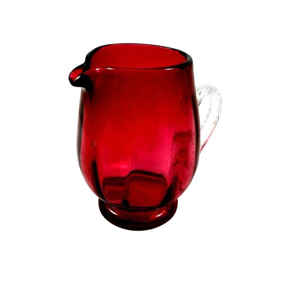 Pilgrim Cranberry Glass Pitcher Clear Applied Handle Vintage Blown Panel Optic - Picture 3 of 5